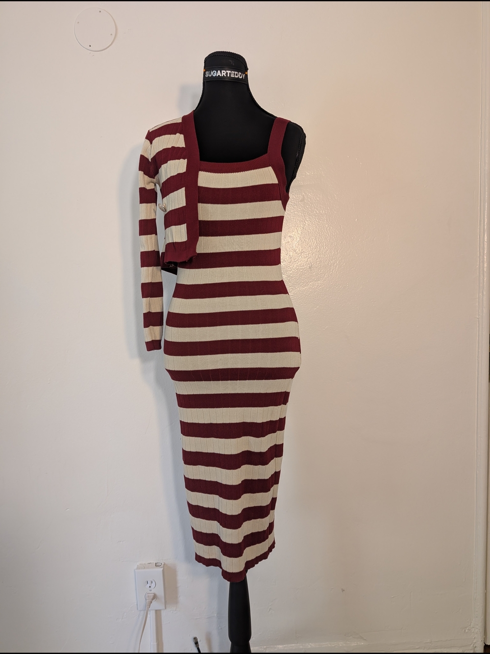 Women’s Striped Ribbed Tank Midi Dress in Burgundy and Cream With Cropped Cover